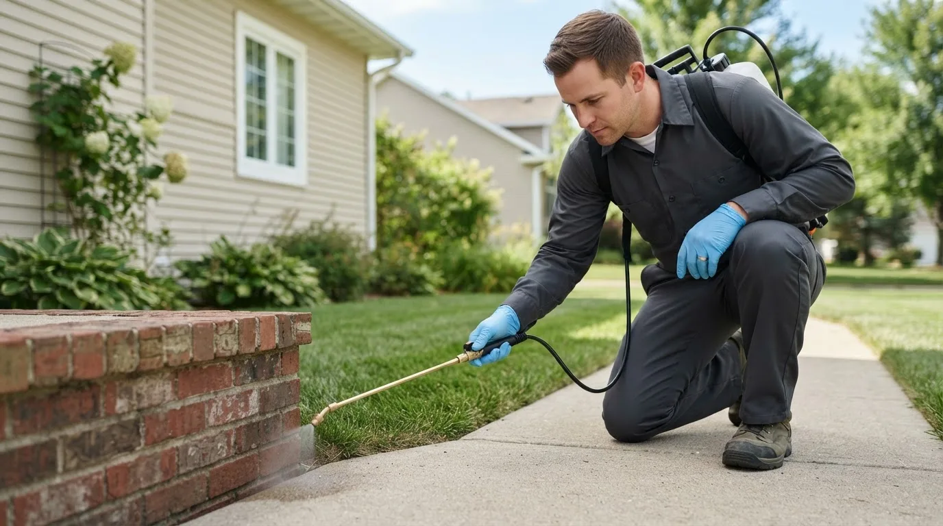 Pest control technician treating a home near Pattonville, TX